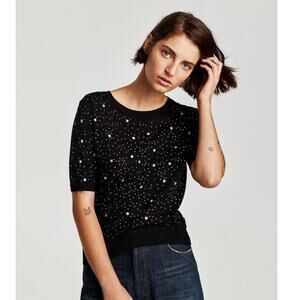 Zara Knit starry night short sleeve sparkly black & silver knit sweater size L